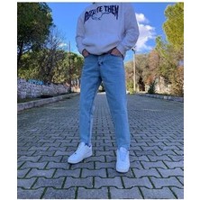 Oray Store Kadın Yıkamalı Boyfriend Pantolon Mavi Renkli Günlük Stil Dar Paça Model