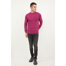 Enine Desenli Bisiklet Yaka Pamuklu Parça Boya Triko Kazak Pembe