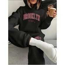 Josette Brooklyn Usa Kışlık Alt Üst Takımı Sweatshirt Eşofman Altı - Siyah Baskılı Oversize Kapüşonlu