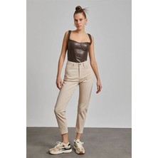 ByCukurovaFrango Yüksek Bel Bej Mom Kot Pantolon Likralı Solmaz Ekstra Rahat Mom Jeans