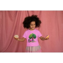 Bubuga Kız Çocuk Pamuk Fuşya Bisiklet Baskılı Kısa Kol Tshirt