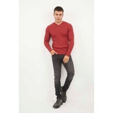 Saç Örgü V Yaka Pamuklu Parça Boya Triko Kazak