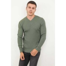 Saç Örgü V Yaka Pamuklu Parça Boya Triko Kazak Yeşil