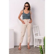 ByCukurovaFrango Dora Yüksek Bel Likralı Bej Mom Jeans Esnek Kot Pantolon 2024