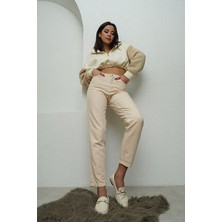 ByCukurovaFrango Vit Bej Mom Jeans Likralı Yüksek Bel Bej Mom Kot Pantolon 2024