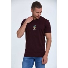 Voltaj Kaktüs Nakışlı Pamuklu Bisiklet Yaka Tişört Bordo