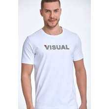 Voltaj Visual Baskılı Pamuklu Bisiklet Yaka Tişört Beyaz