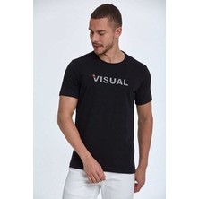 Voltaj Visual Baskılı Pamuklu Bisiklet Yaka Tişört Siyah