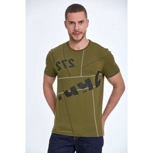 Voltaj Asimetrik Baskılı Pamuklu Bisiklet Yaka Tişört Haki