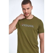Voltaj Visual Baskılı Pamuklu Bisiklet Yaka Tişört Haki