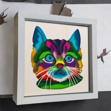 Cutline 3D Lazer Kesim Mukkava Renkli Kedi Desenli Duvar Dekoru - 30X30 cm Çerçeveli