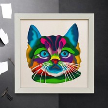 Cutline 3D Lazer Kesim Mukkava Renkli Kedi Desenli Duvar Dekoru - 30X30 cm Çerçeveli