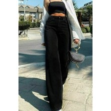 Livik Solmayan Siyah Likralı Süper Yüksek Bel Wide Leg Jean Salaş Geniş Paça Kot Pantolon