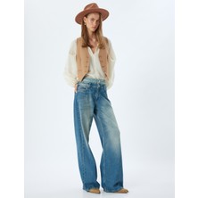 Koton Bol Kot Pantolon Çift Bel Detaylı Düğmeli Yıkamalı Loose Straight Fit Jean