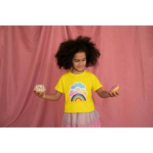 Bubuga Kız Çocuk Pamuk Gökkuşağı Baskılı Kısa Kol Tshirt