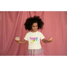 Bubuga Kız Çocuk Pamuk Happy Girl Baskılı Kısa Kol Tshirt