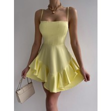 Zishan Fashion Sarı Eteği Kat Kat Ayarlanabilir Askılı Balo Abiye Mezuniyet Elbisesi 102