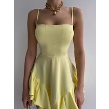 Zishan Fashion Sarı Eteği Kat Kat Ayarlanabilir Askılı Balo Abiye Mezuniyet Elbisesi 102