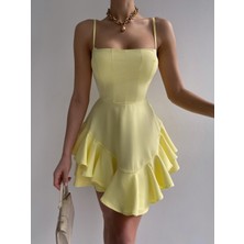 Zishan Fashion Sarı Eteği Kat Kat Ayarlanabilir Askılı Balo Abiye Mezuniyet Elbisesi 102
