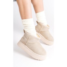 Preshley Kadın Palermo Krem Süet Içi Kürklü Kalın Tabanli (4,5 cm ) Mini Kısa Bot