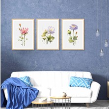 Bestablo 3 Parça Dekoratif Çiçekler Çerçeveli Ahşap Tablo Seti, Ev Dekoru, Soyut Tablo