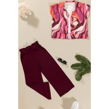 For You Kids 3'lü Baskılı Gömlek Tshirt Pantolon Bordo Takım