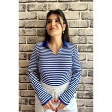 Mavi Renk  Detaylı Polo Yaka Standart Beden Kadın Kazak