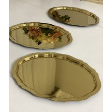 Elzem Tepsi 20*25 cm Parlak Gold Oval Model 3 Adet Servis ve Sunum Tepsisi