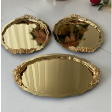 Elzem Tepsi 20*25 cm Gold Renk Oval 3 Adet Kulplu Model Sunum Tepsisi