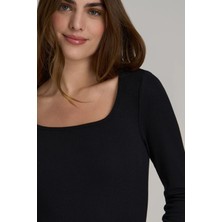 CHEISU Kadın Siyah Uzun Kollu Kare Yaka T-Shirt Bluz Kaşkorse Fitilli