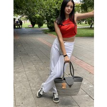 Jüt Hasır Görünümlü El Çantası Plaj Çantası Omuz Çantası