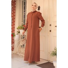 Neva Style Düğme Detaylı Kahverengi Tesettür Elbise 12501KH