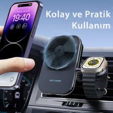 Toocki 2in1 15W Manyetik Hızlı Magsafe Araç Tutucu iPhone 16 15 14 13 12 Pro Max  ve 5W Apple Watch Kablosuz Şarj Uyumlu  Soğutucu Fan Destekli Klipsli