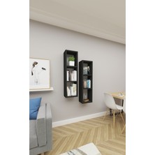 Dekormer Design Kitaplık Duvar Rafı Çapraz Ikili Mobilya Takım Siyah