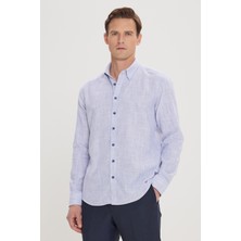 Altınyıldız Classics Erkek Mavi Slim Fit Dar Kesim Gizli Düğmeli Yaka Keten Görünümlü %100 Pamuk Flamlı Gömlek