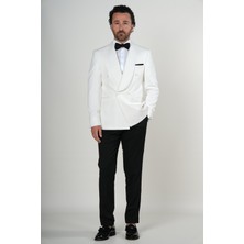 Parez Premium Erkek Slim Fit Italyan Stil  Kruvaze Smokin Puntolu Şal Yaka Damatlık Ceket Pantolon papyon