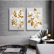 Beyaz-Gold Desenli Çiçek Kombini 01 |Çerçeveli Cam Tablo  2li Dikey