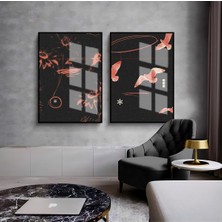 Pembe-Siyah Kuş Desenli Soyut Kombini 01 |Çerçeveli Cam Tablo  2li Dikey