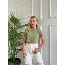 Key Moda Kadın Basic Crop Tshirt Haki