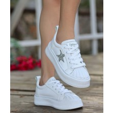 Nstil Günlük Kadın Sneaker Bağcıklı Yıldız Detaylı Yüksek Taban Simli Rahat Ayakkabı 7100