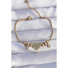 Callerrons Accessories  316L Çelik Gold Renk Zirkon Taşlı Nazarlı Kalp Tasarımlı Bileklik - EBJ240807W25653