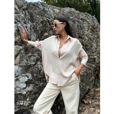 Ekru Oversize Geniş Manşetli Kadın Gömlek 27384