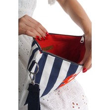 Mubiano Summer Kadın Lacivert/beyaz Çizgili Duck Keten Kumaş Istakoz Clutch & Portföy Çanta - MSLY0107-LB