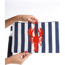 Mubiano Summer Kadın Lacivert/beyaz Çizgili Duck Keten Kumaş Istakoz Clutch & Portföy Çanta - MSLY0107-LB