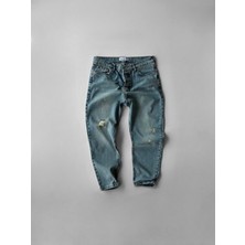 Slim Fit Kısa Paça Yıkamalı Distressed Jean Pantolon Buz Mavi