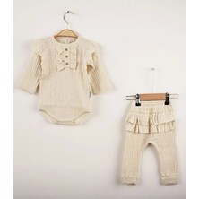 Candar 3-6-9 Ay Kız Bebek Takımı Büzgü Detaylı Fırfırlı %100 Pamuk 2'Li Krem