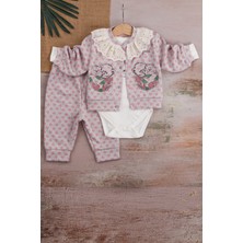 Candar 3-6-9 Ay Kız Bebek Takım Brode Işlemeli Kalp Desenli 3'Lü Hırkalı Lila