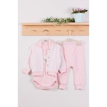 Candar 3-6-9 Ay Kız Bebek Takım Puan Desenli Kapişonlu %100 Pamuk 3'Lü Pembe