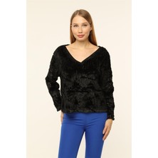 Home Store Peluş Payetli V Yaka Bluz