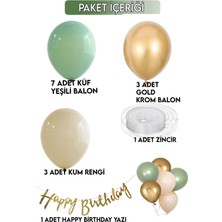 Özbal 7 Küf Yeşili 3 Krom Gold 3 Kum Rengi Pastel Balon Gold Happy Birthday Banner Mini Zincir Balon Seti